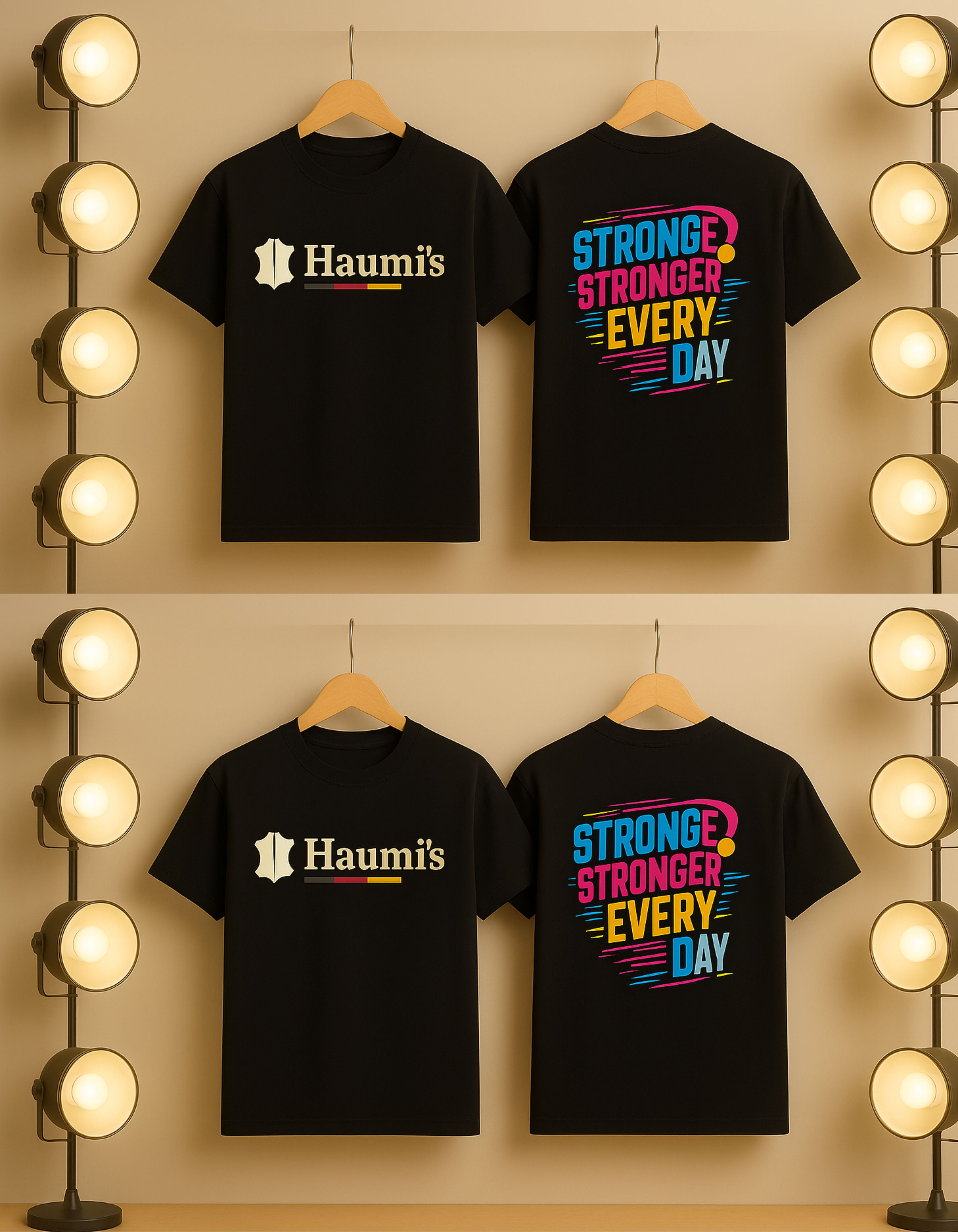 Flat lay of the Black T-Shirt with 'Haumi’s' Brand showing front logo and back colorful design, available at My Store.