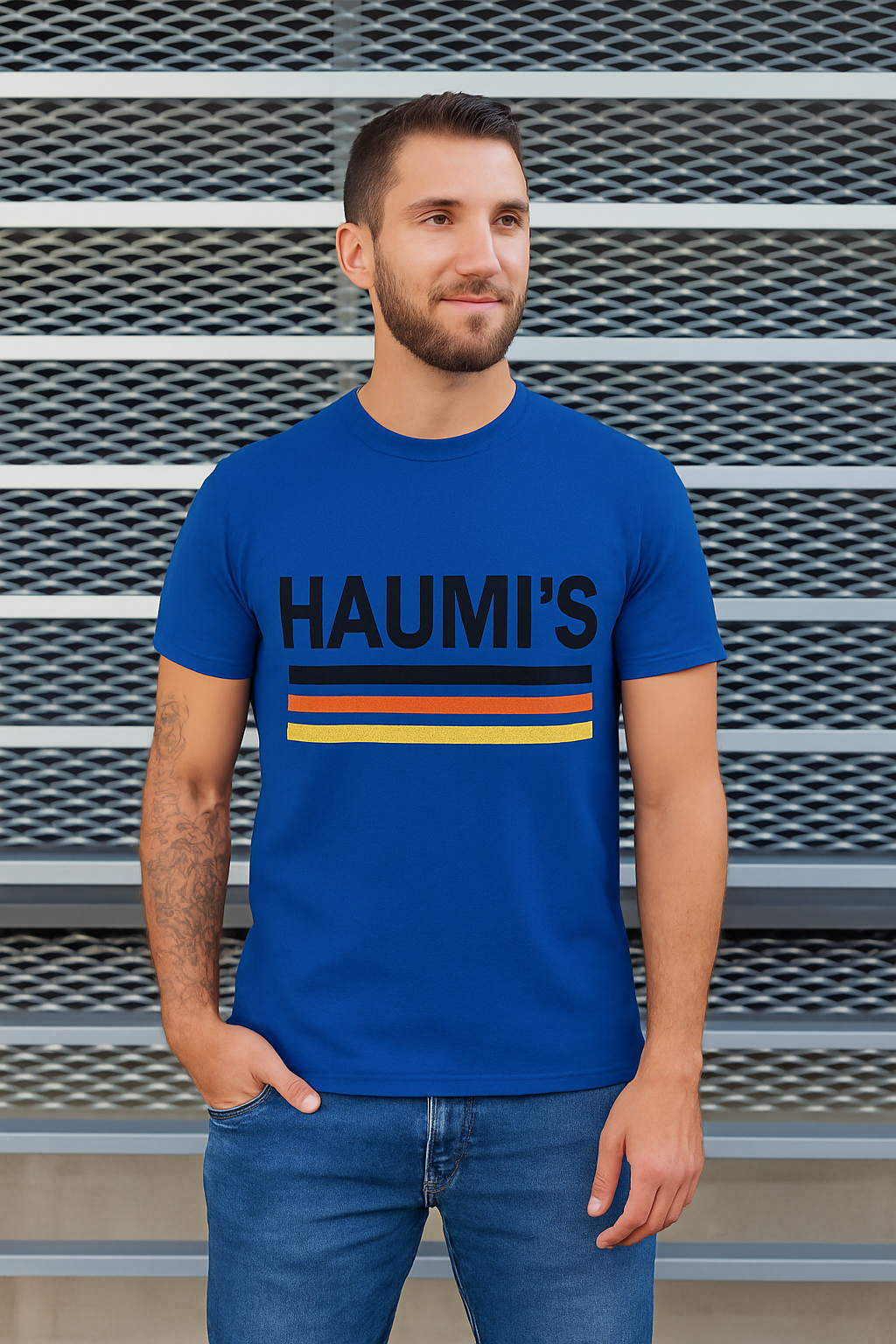 A model wearing HAUMI'S Oversized Retro Stripe Tee in blue, featuring bold orange stripes. 100% Premium Cotton, created by My Store.