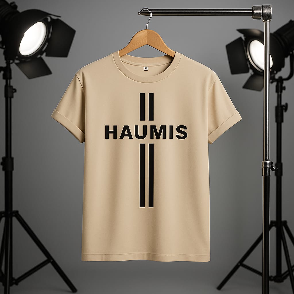 HAUMIS Sand Stripe T-Shirt hanging on a wooden hanger, featuring bold black lettering and a minimalist style, highlighted by studio lighting.