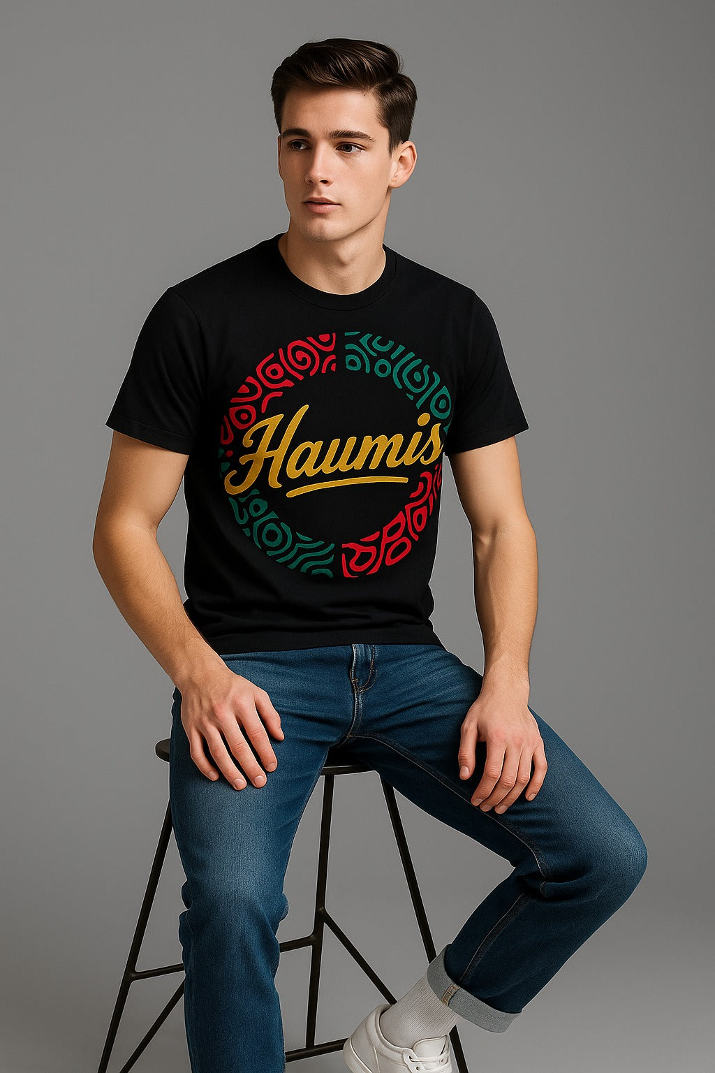 Model wearing Haumis Midnight Tribal Tee with colorful tribal designs, sitting on a stool in casual jeans, by HAUMIS.