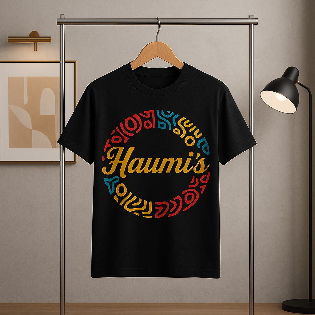 Haumis Midnight Tribal Tee displayed on a hanger, showcasing vibrant circular tribal graphics in red, yellow, and teal, by HAUMIS.