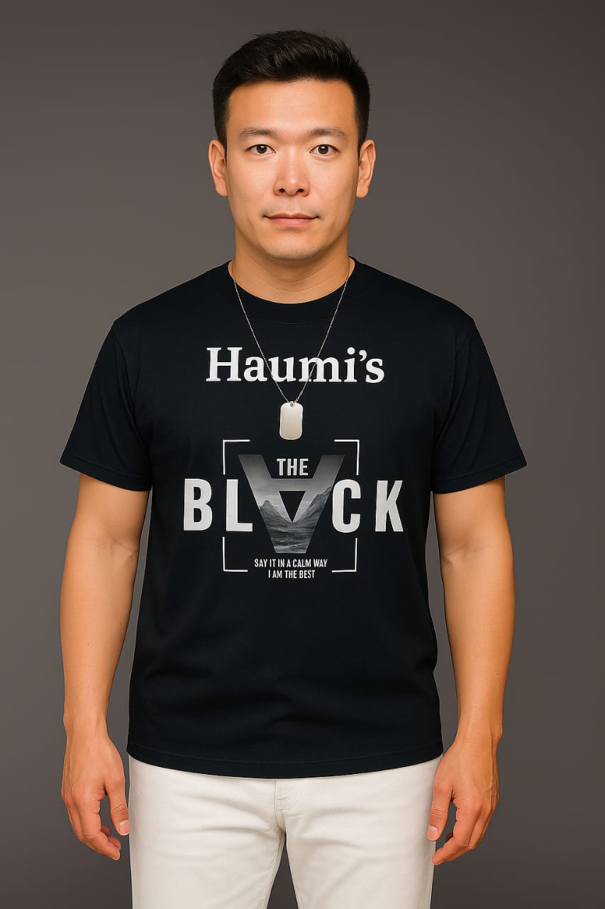 Front view of a black T-shirt featuring the text 'Haumi's THE BLACK' with a bold design, from My Store. The shirt represents modern streetwear style with a confident message.