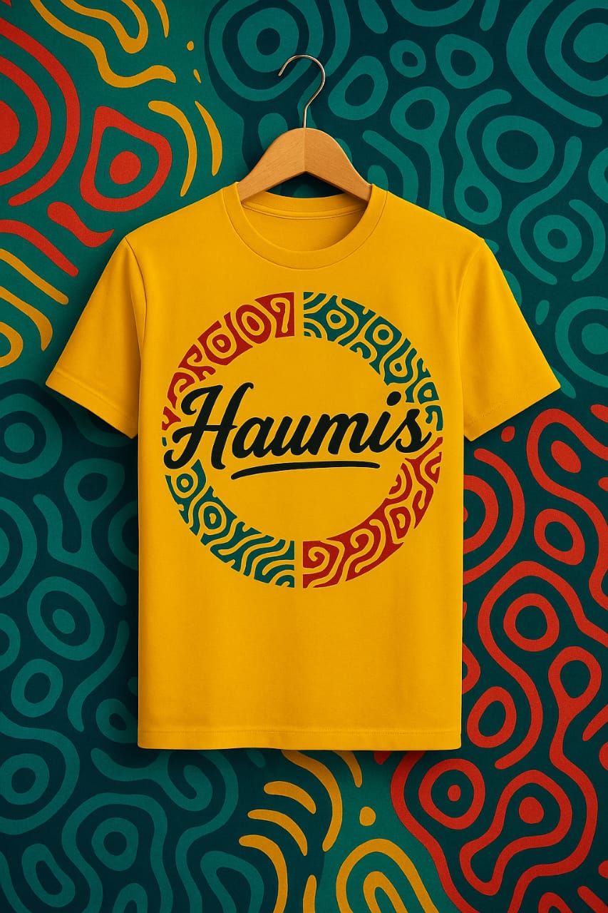 Haumis Midnight Tribal Tee in yellow, featuring bold Haumis logo and colorful design against a textured background, by HAUMIS.