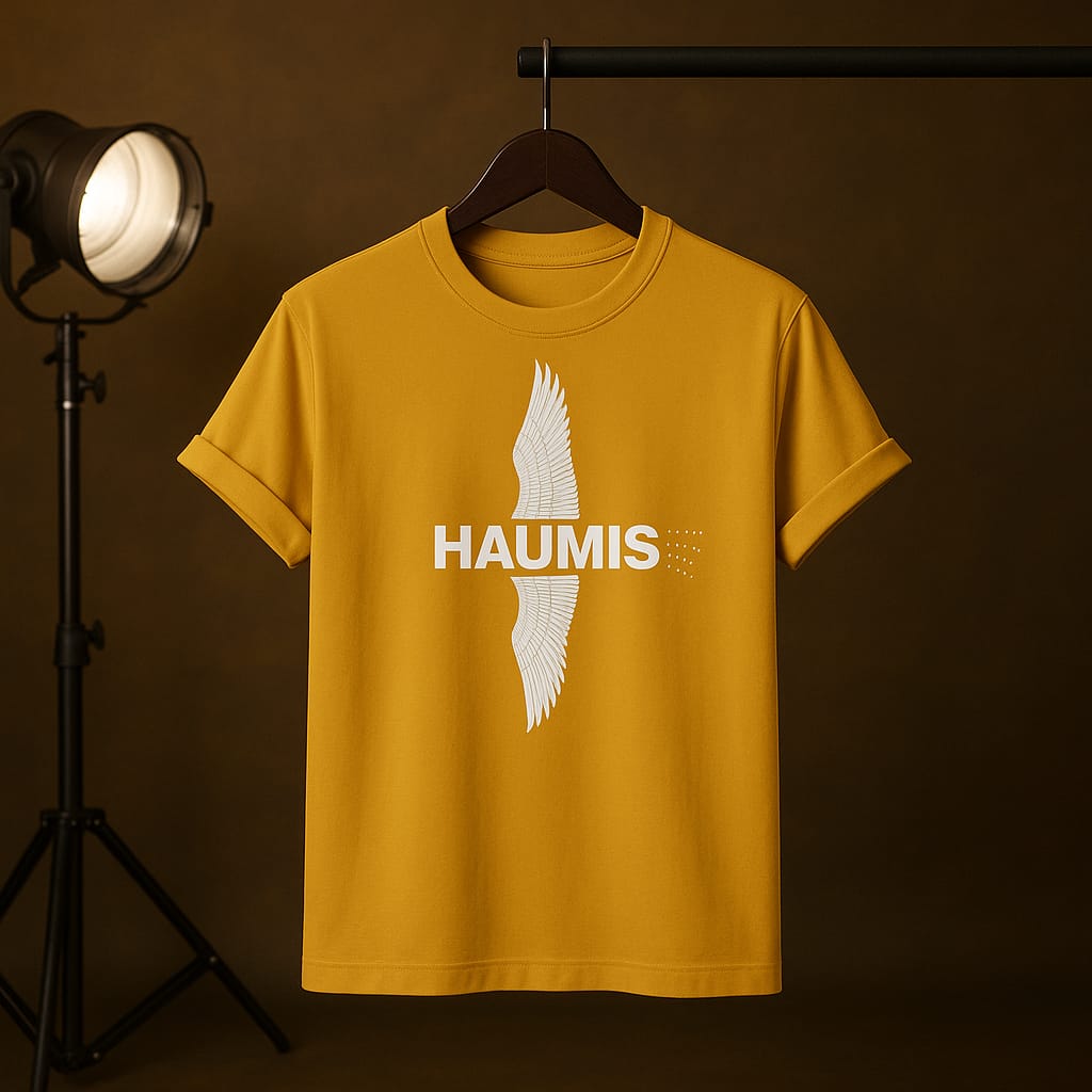 Haumis Emerald Wing Tee in vibrant yellow displayed on a hanger, featuring the classic HAUMIS logo and wing detail.