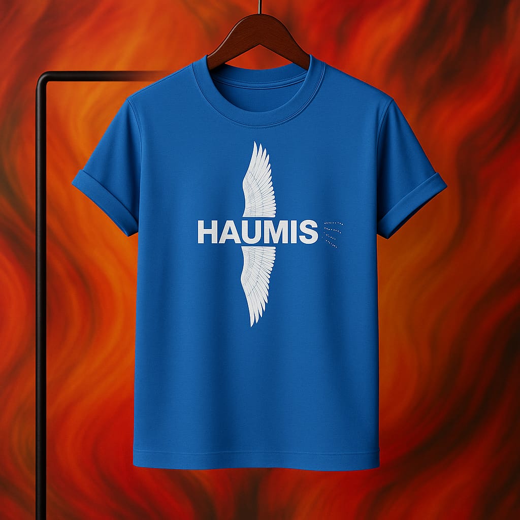 Haumis Emerald Wing Tee in striking blue showcased on a hanger, highlighting the HAUMIS logo and wing graphic.