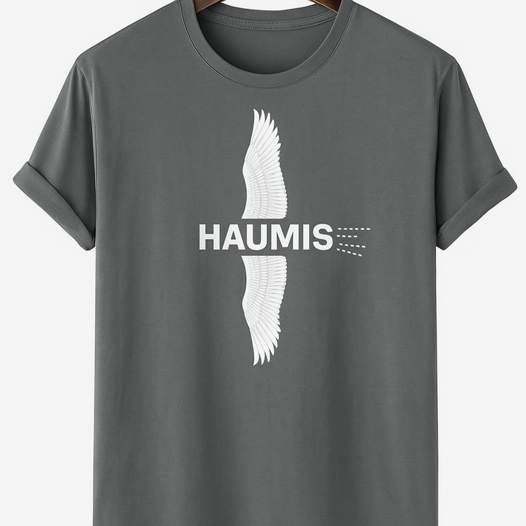 Haumis Emerald Wing Tee in stylish grey hanging on a rack, featuring the bold HAUMIS logo and intricate wing design.
