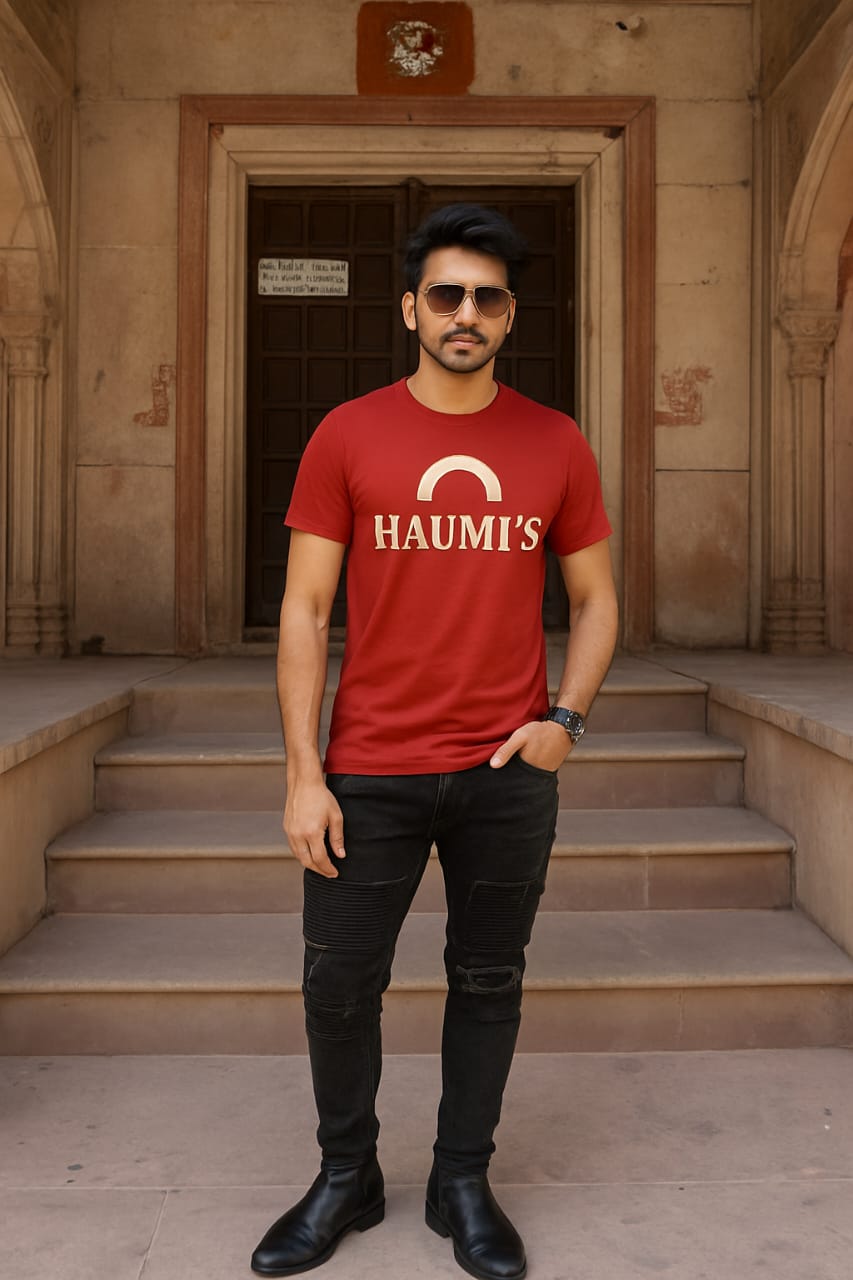 Model wearing HAUMI’S Legacy Tee – Sandmark Edition in red, standing confidently outdoors against a classic architecture backdrop, emphasizing style and modernity.