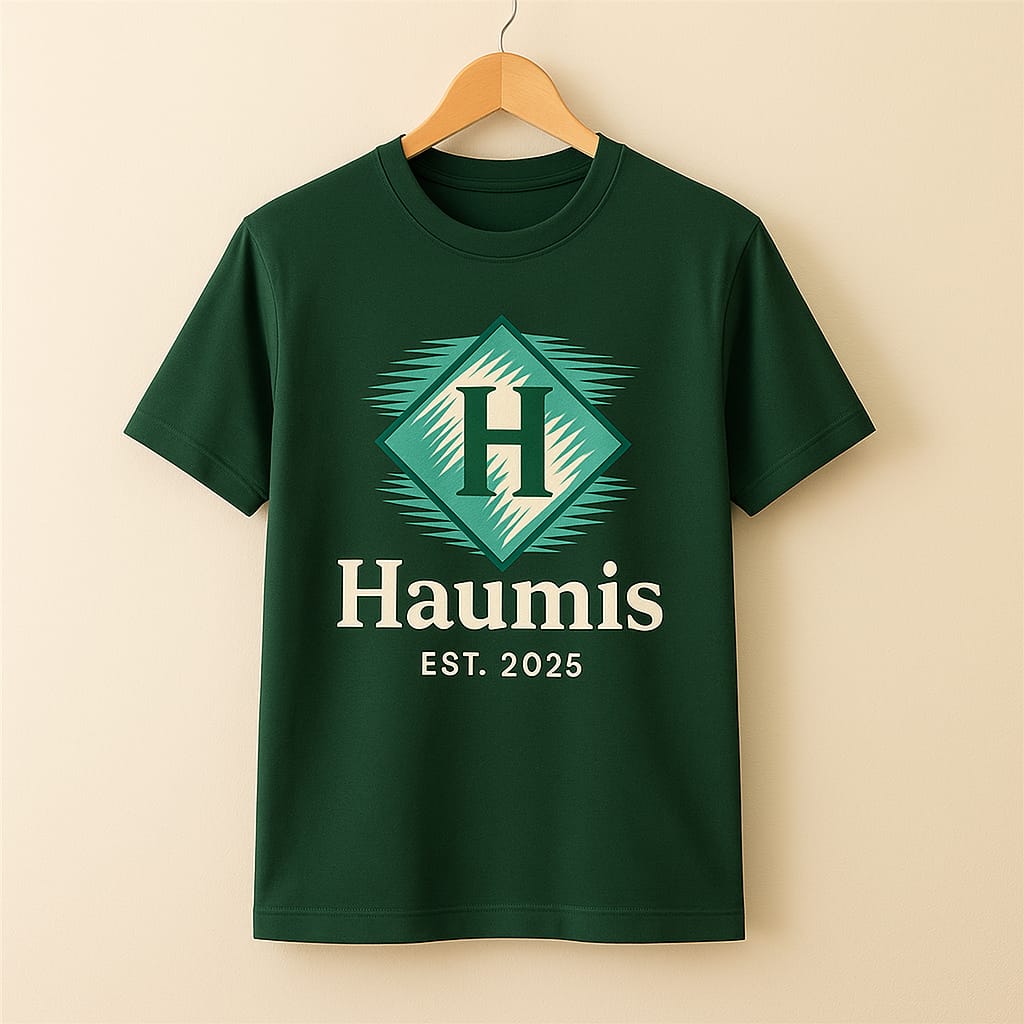 Haumis Heritage Tee in forest green showcasing the iconic Haumis logo with 'EST. 2025' insignia. Stylish and casual by HAUMIS.