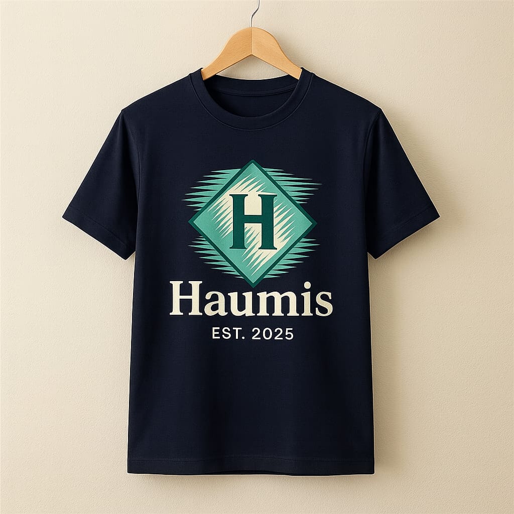Haumis Heritage Tee in navy blue featuring the Haumis logo and 'EST. 2025' emblem. Comfortable unisex style by HAUMIS.