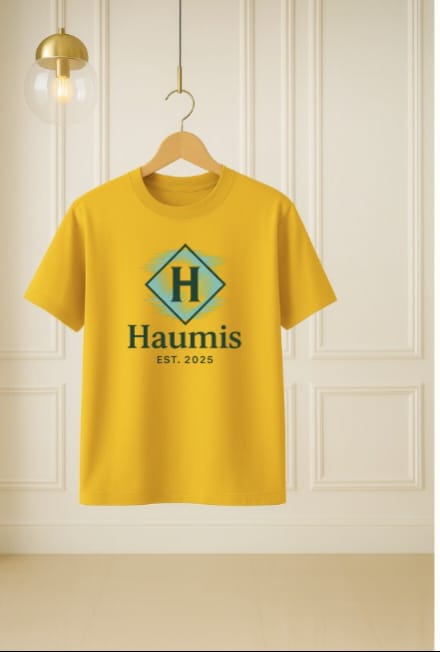 Haumis Heritage Tee in bright yellow with the distinctive Haumis logo and 'EST. 2025' print. Perfect for casual wear by HAUMIS.