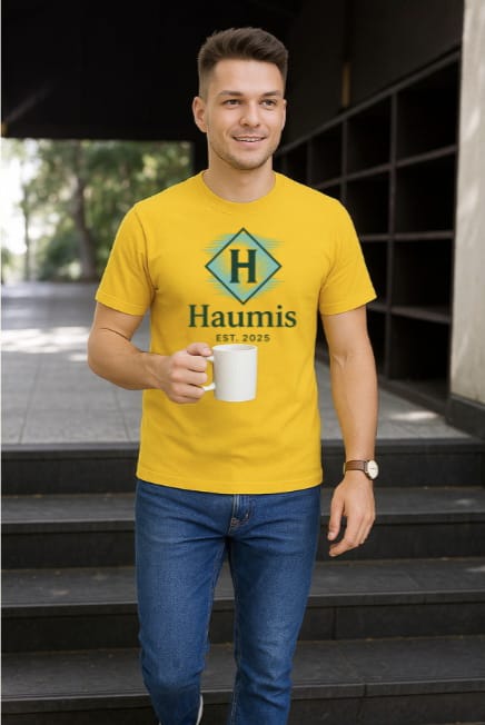 A model wearing the Haumis Heritage Tee in yellow, holding a coffee cup, showcasing the Haumis logo and 'EST. 2025'. Comfortable fit by HAUMIS.