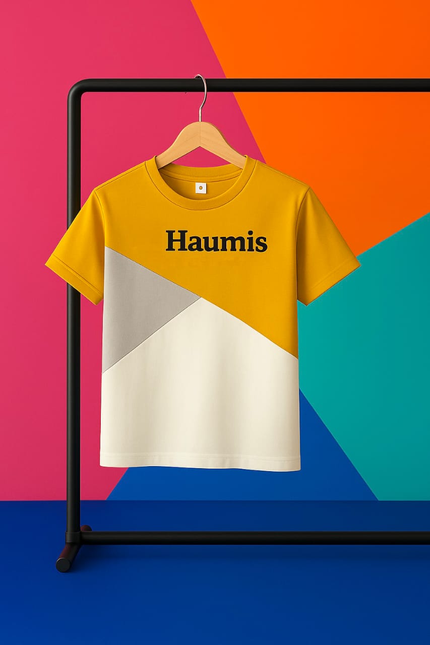 HAUMIS Color-Block T-Shirt in yellow with gray and cream design hanging on display, showcasing premium cotton fabric and bold design.