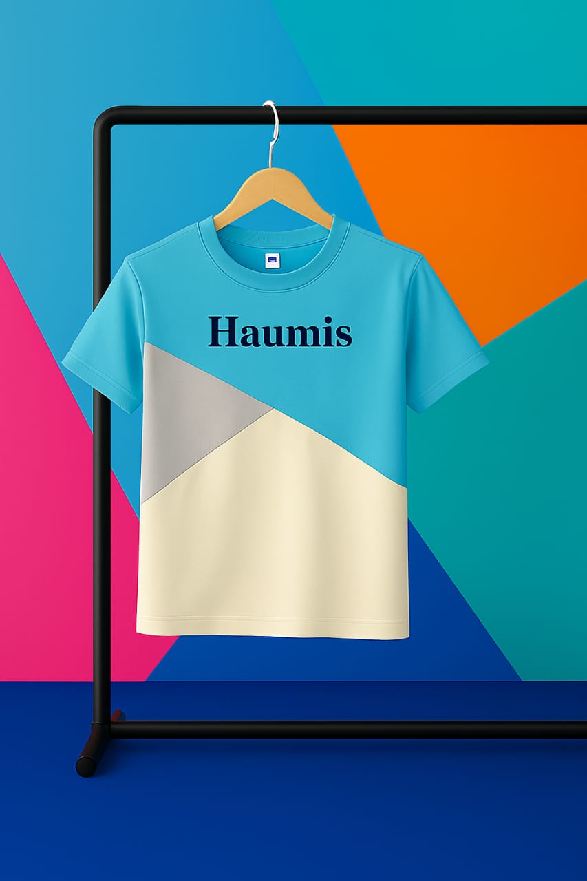 HAUMIS Color-Block T-Shirt in turquoise with gray and cream design displayed on a hanger, highlighting its unisex fit and modern aesthetics.