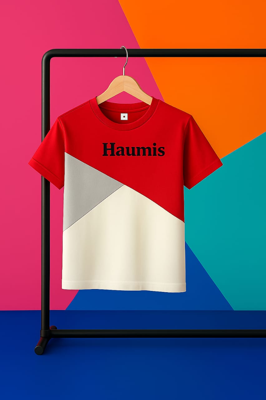 HAUMIS Color-Block T-Shirt in red with gray and cream design displayed on a hanger, illustrating its stylish design suitable for casual outings.
