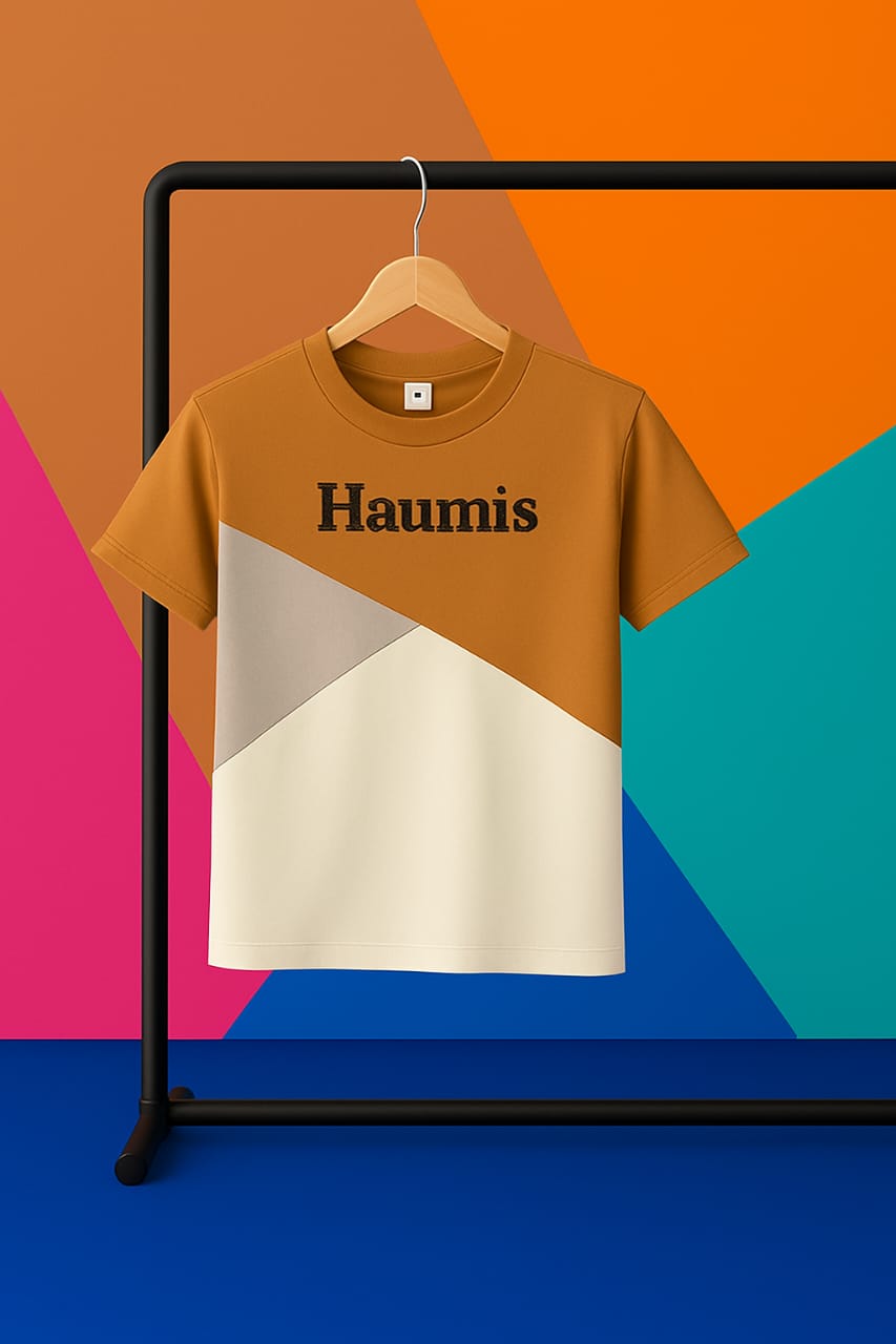 HAUMIS Color-Block T-Shirt in brown with gray and cream color-block design hanging on a rack, emphasizing quality craftsmanship and comfort.