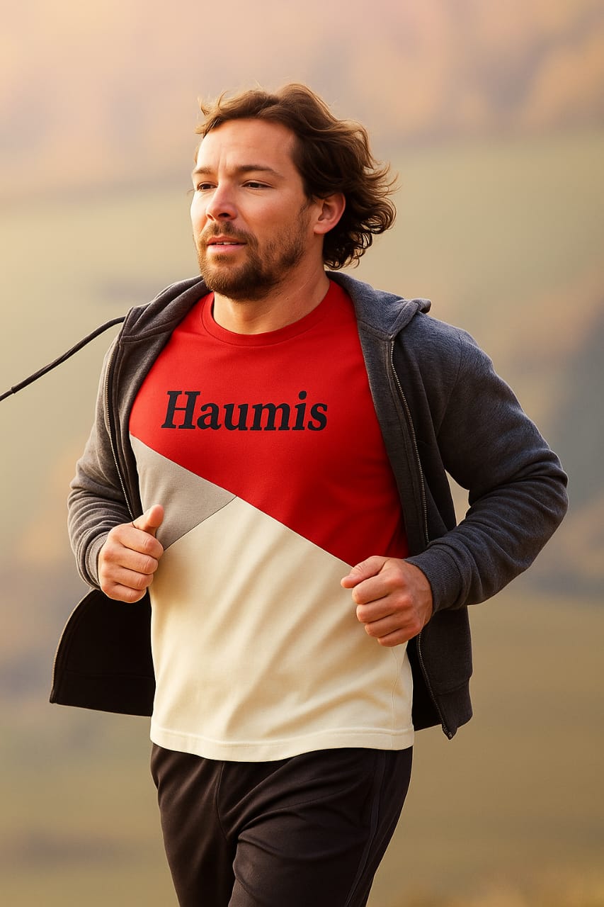 Man jogging outdoors in a HAUMIS Color-Block T-Shirt featuring red, gray, and cream colors, demonstrating comfort and versatility for active lifestyles.