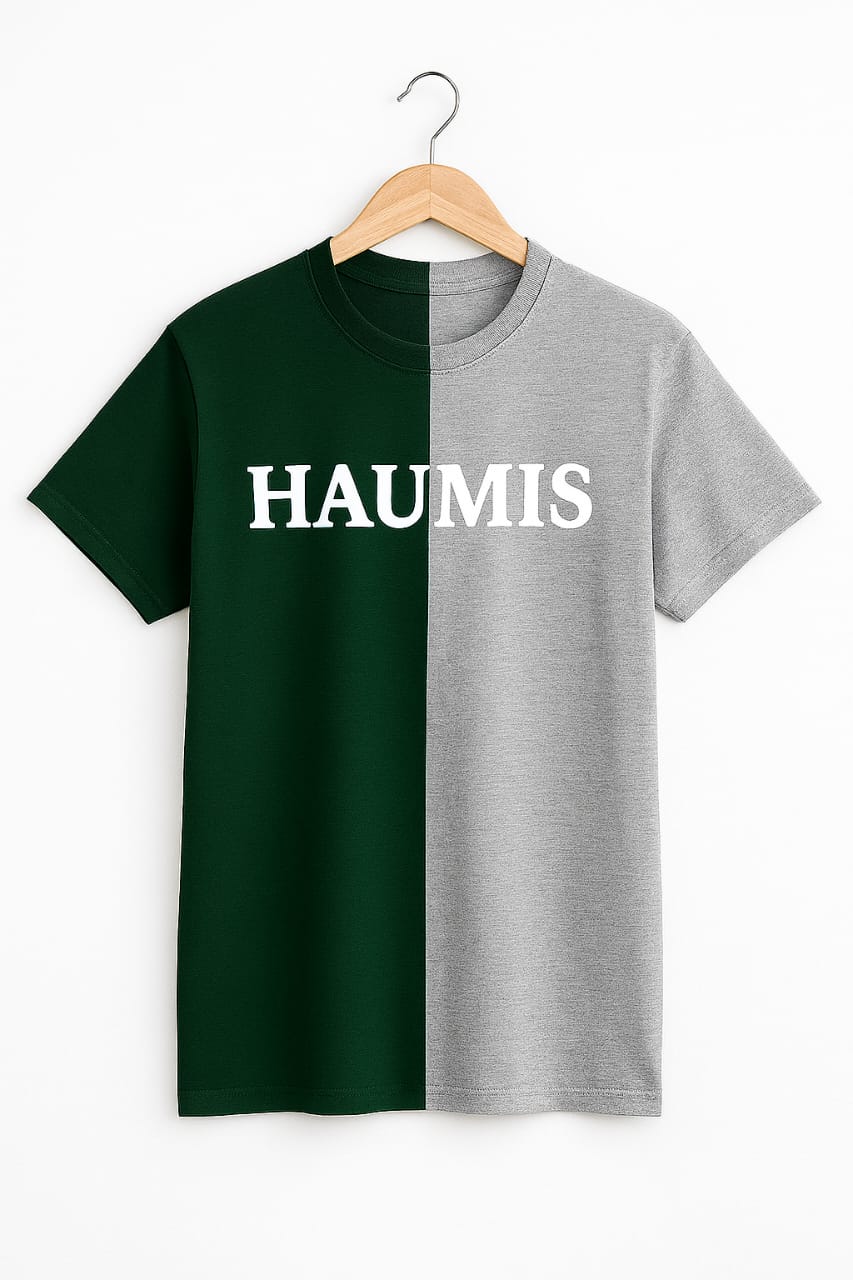 Haumis Dual-Tone Statement t-shirt featuring a unique green and grey design with 'HAUMIS' printed boldly, crafted from 100% premium cotton.