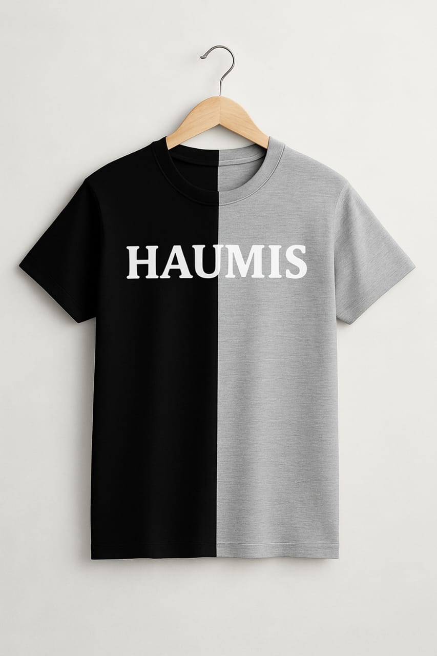 Haumis Dual-Tone Statement t-shirt in black and grey with bold 'HAUMIS' print, made from premium cotton, perfect for casual wear.