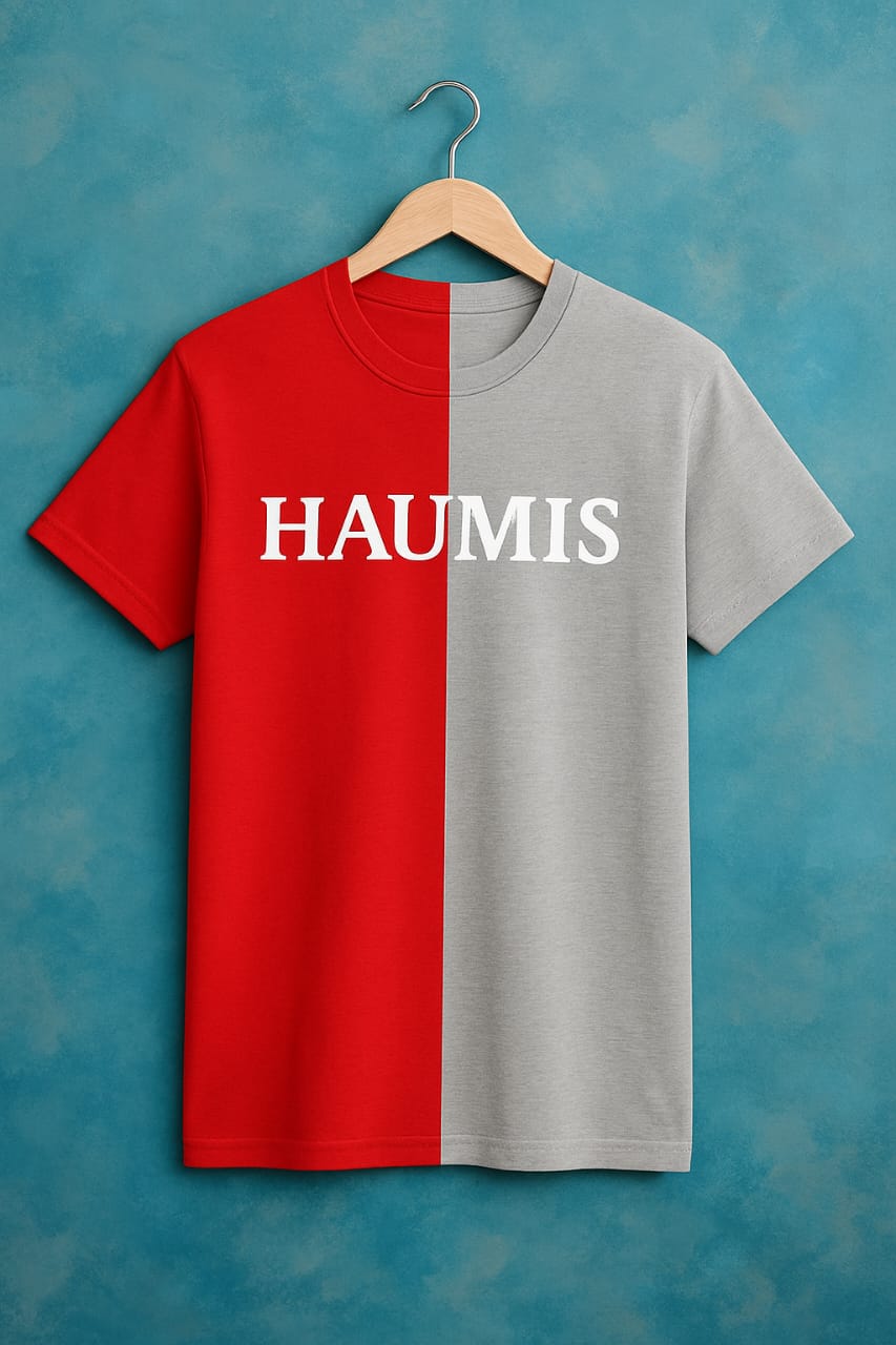 Haumis Dual-Tone Statement t-shirt in eye-catching red and grey with bold 'HAUMIS' branding, made from soft and breathable premium cotton.