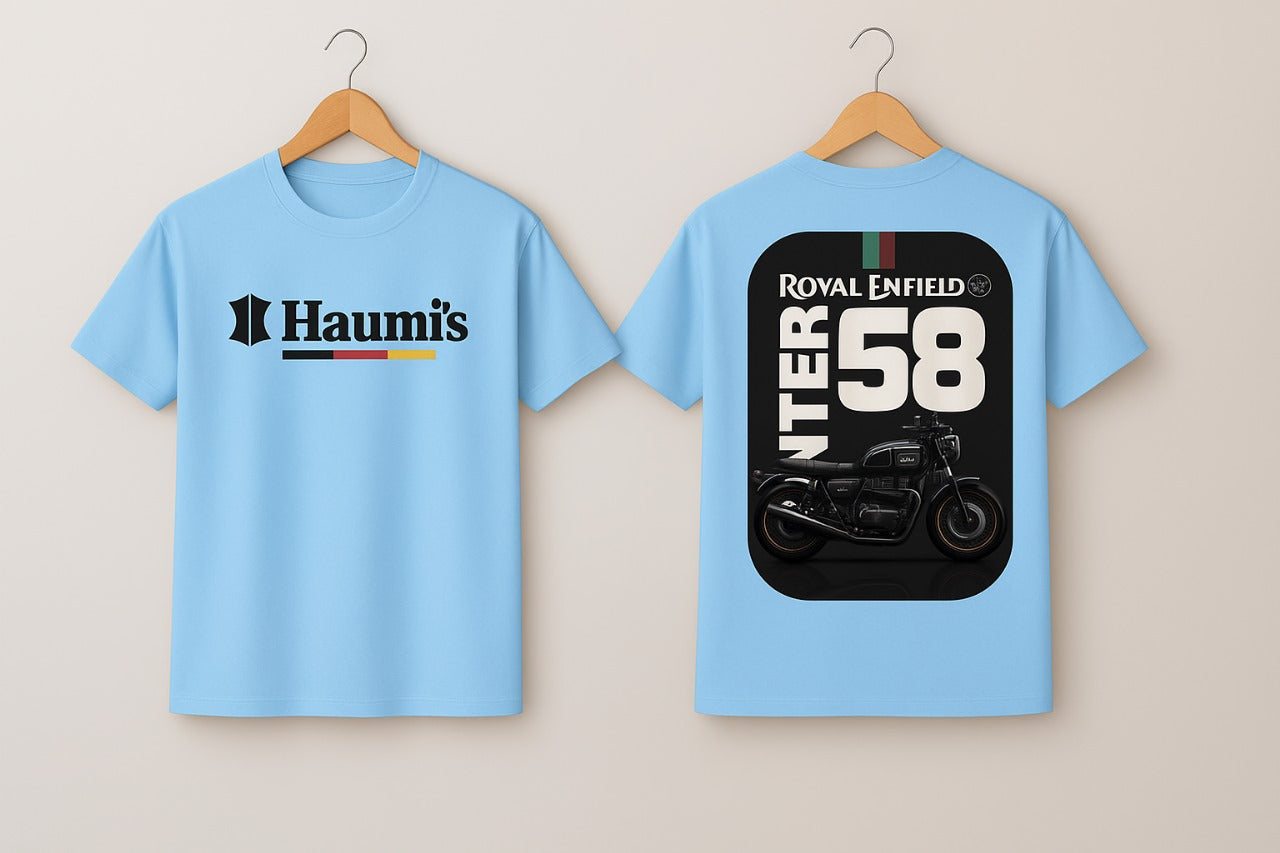 Front and back view of HAUMI'S x Royal Enfield INTERCEPTOR 58 Edition Rider T-Shirt in blue, featuring HAUMI's branding and Royal Enfield graphic.