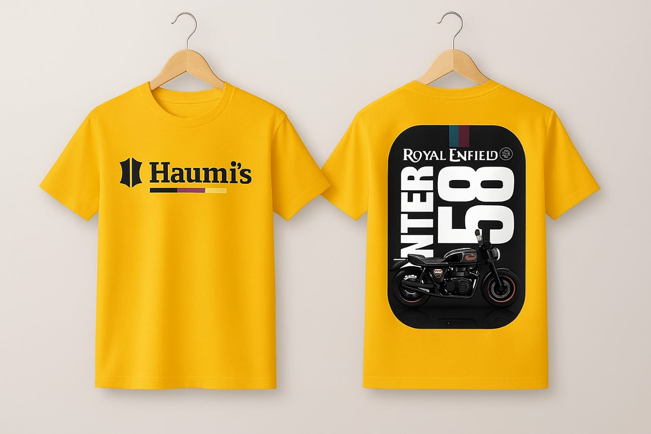 Front and back view of HAUMI'S x Royal Enfield INTERCEPTOR 58 Edition Rider T-Shirt in yellow, displaying HAUMI's logo and a stylish Royal Enfield illustration.