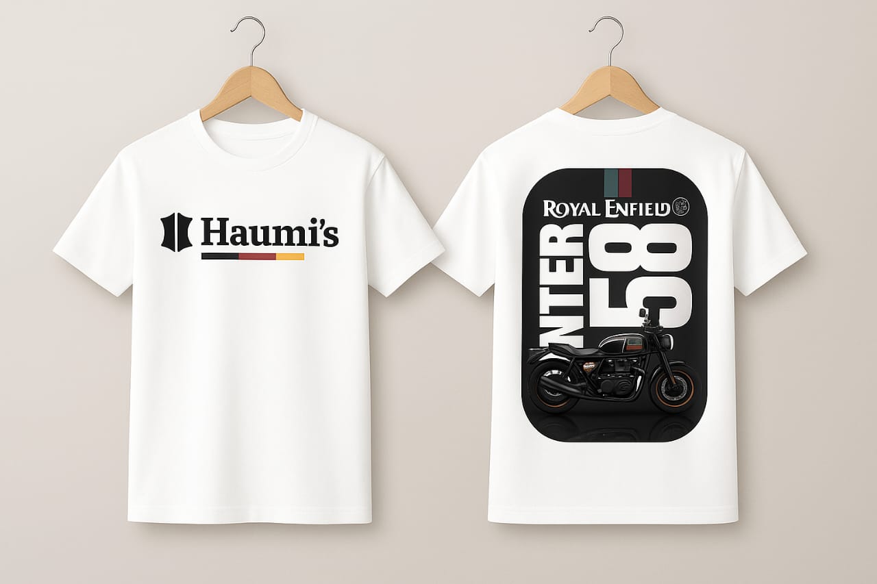 Front and back view of HAUMI'S x Royal Enfield INTERCEPTOR 58 Edition Rider T-Shirt in white, showcasing the HAUMI's logo and a detailed Royal Enfield design.