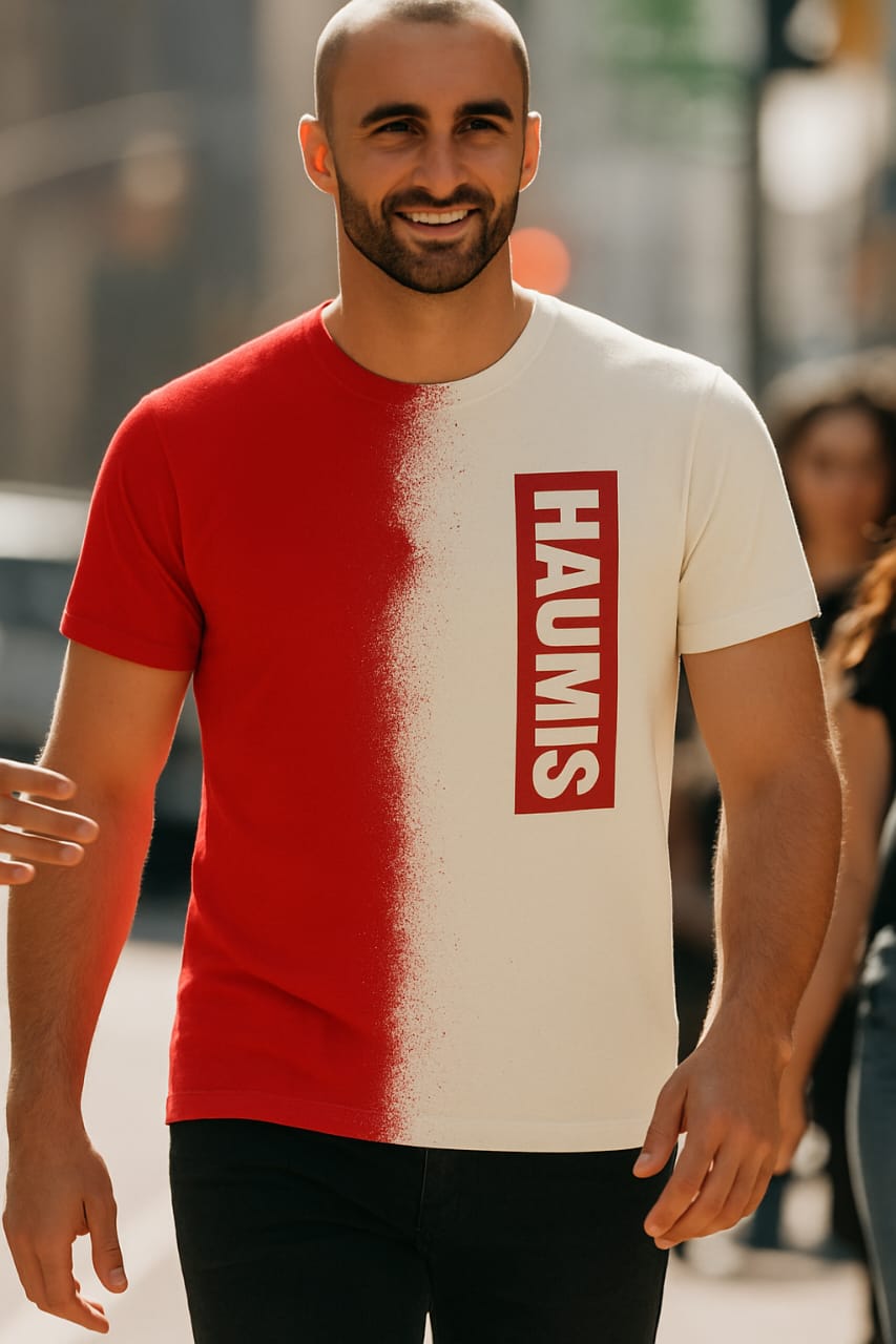 Model wearing a red and cream HAUMIS Spray-Split T-Shirt, confidently displaying the innovative split design and HAUMIS branding on the street - Split Identity: HAUMIS Edition.