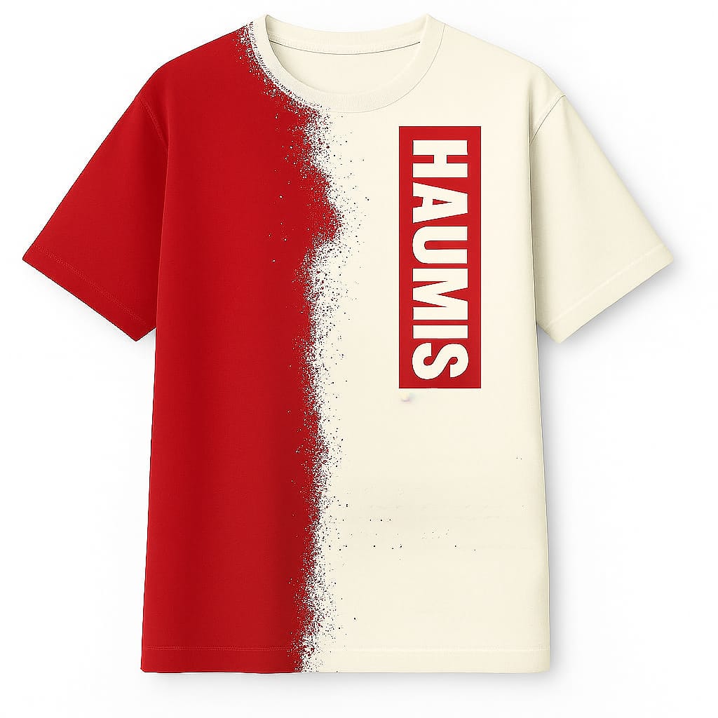 HAUMIS Spray-Split T-Shirt in red and cream showcasing a vibrant split design with vertical HAUMIS logo - Split Identity: HAUMIS Edition.