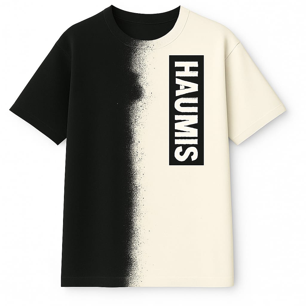 HAUMIS Spray-Split T-Shirt in black and cream featuring a two-tone split design and bold HAUMIS branding - Split Identity: HAUMIS Edition.