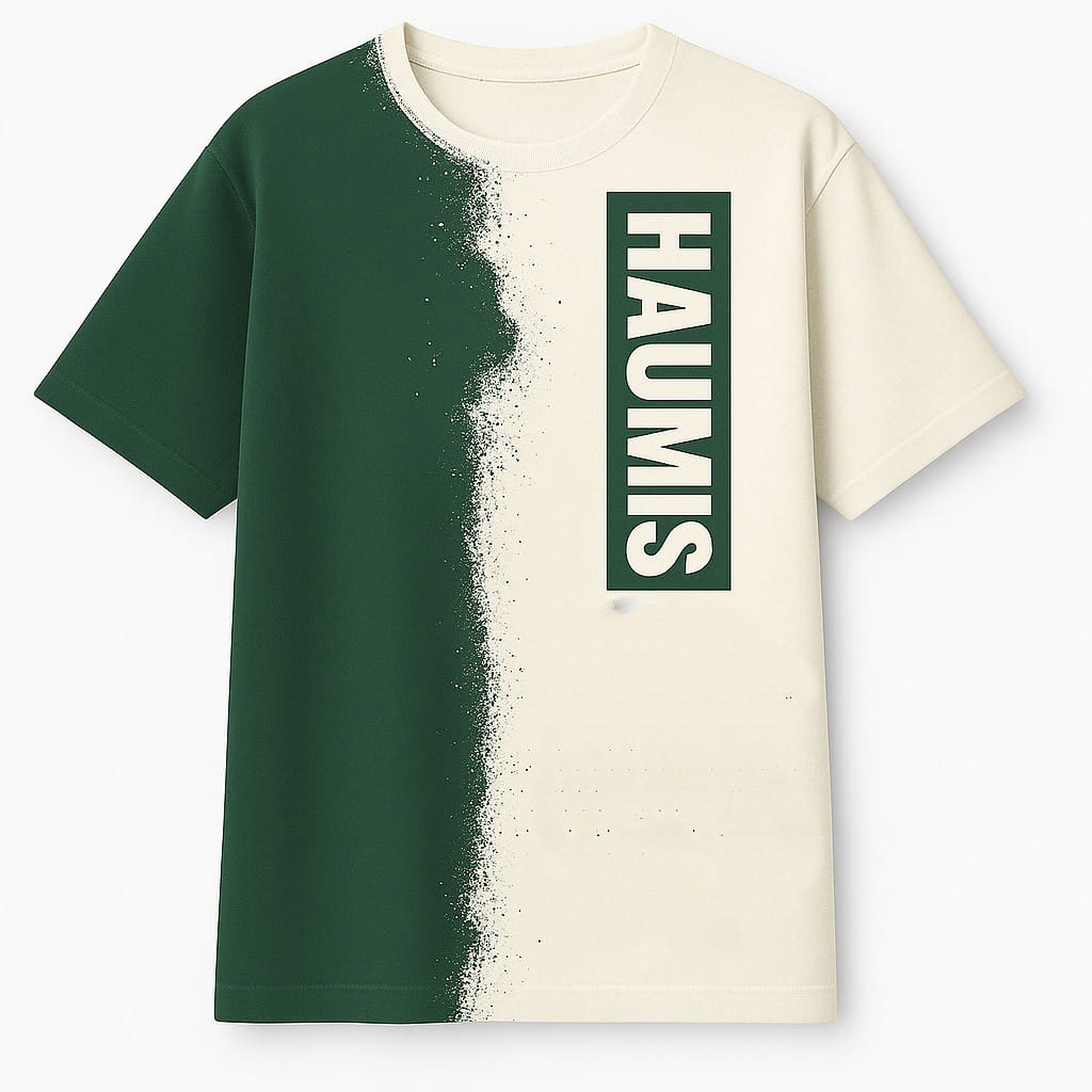 HAUMIS Spray-Split T-Shirt in green and cream highlighting a unique spray fade and striking HAUMIS branding - Split Identity: HAUMIS Edition.