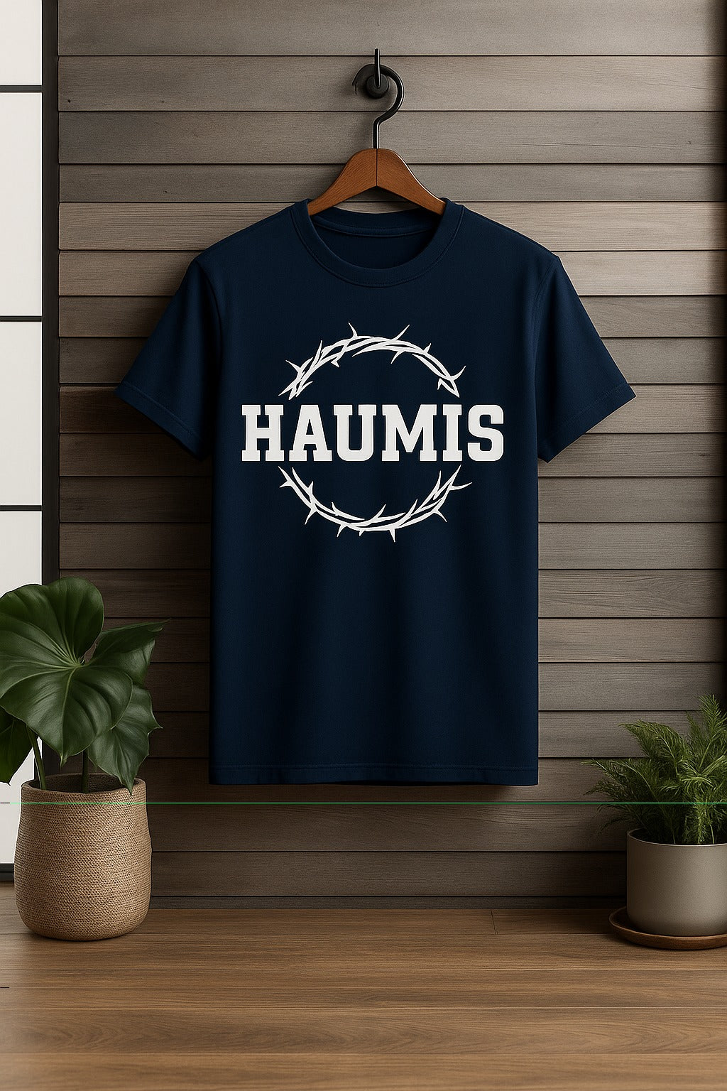 HAUMIS Crown Tee in navy blue, displaying the HAUMIS logo encircled by a thorn wreath, ideal for everyday wear with a powerful message.