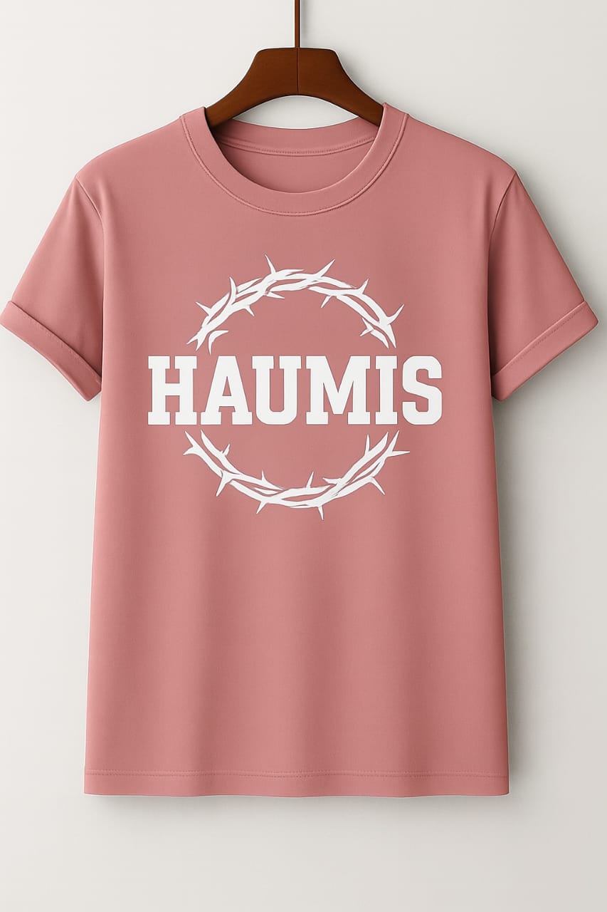 HAUMIS Crown Tee in rose tone featuring the HAUMIS logo within a striking thorn wreath, combining minimalist style with expressive design.