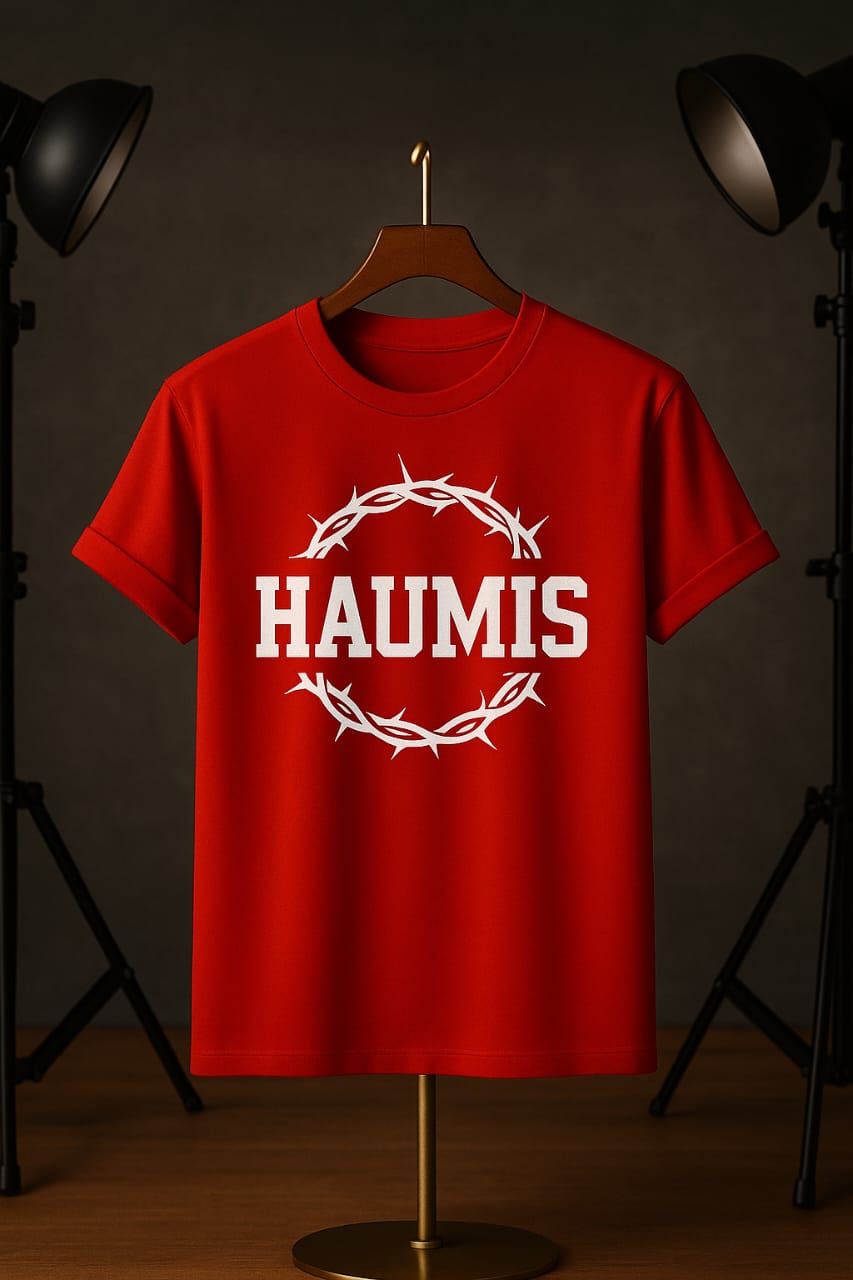 HAUMIS Crown Tee in bold red featuring the HAUMIS logo encircled by a thorn wreath, showcasing a stylish and comfortable design.
