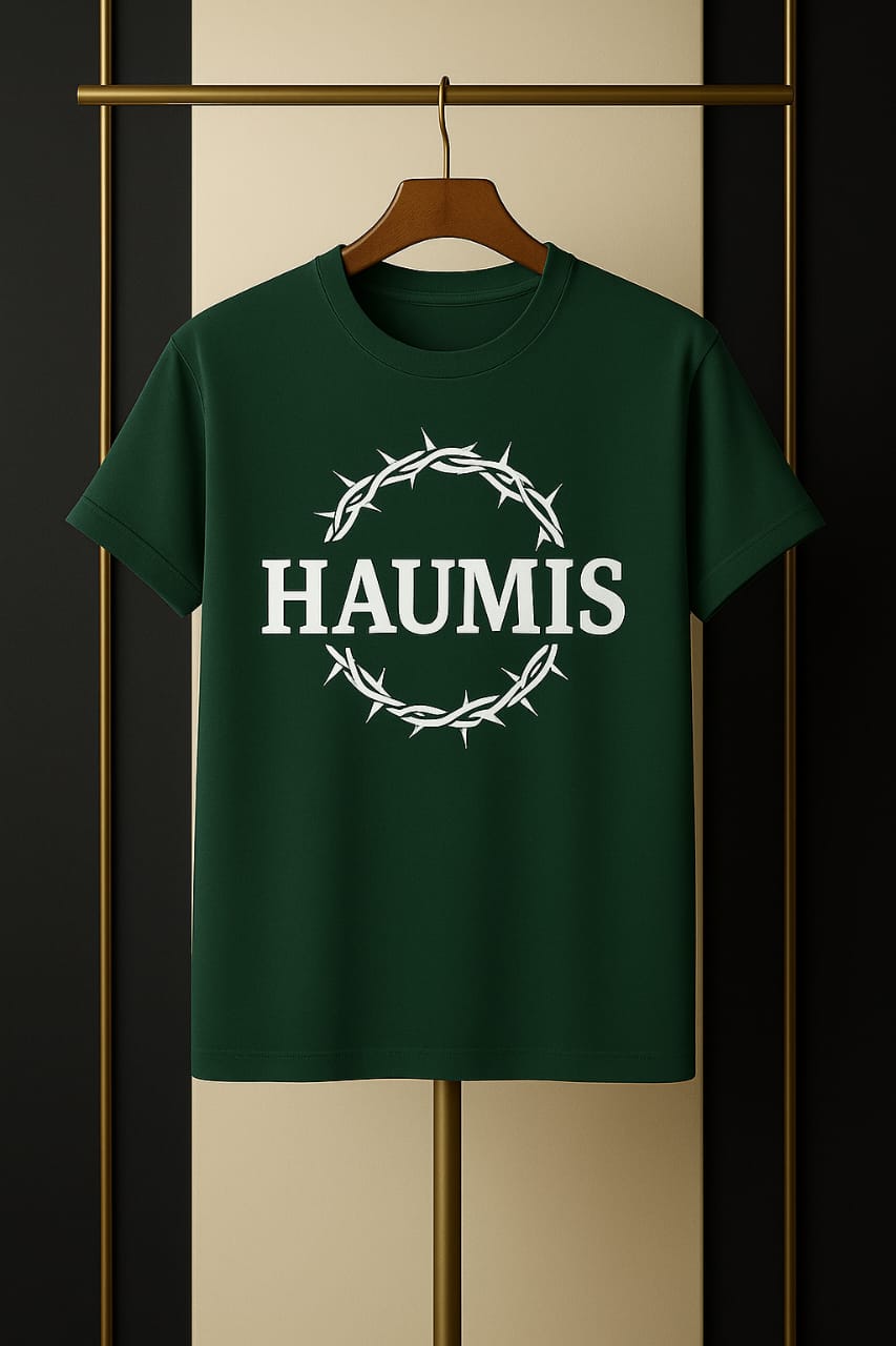 HAUMIS Crown Tee in deep green with the iconic HAUMIS logo surrounded by a striking thorn wreath, perfect for a casual and bold look.