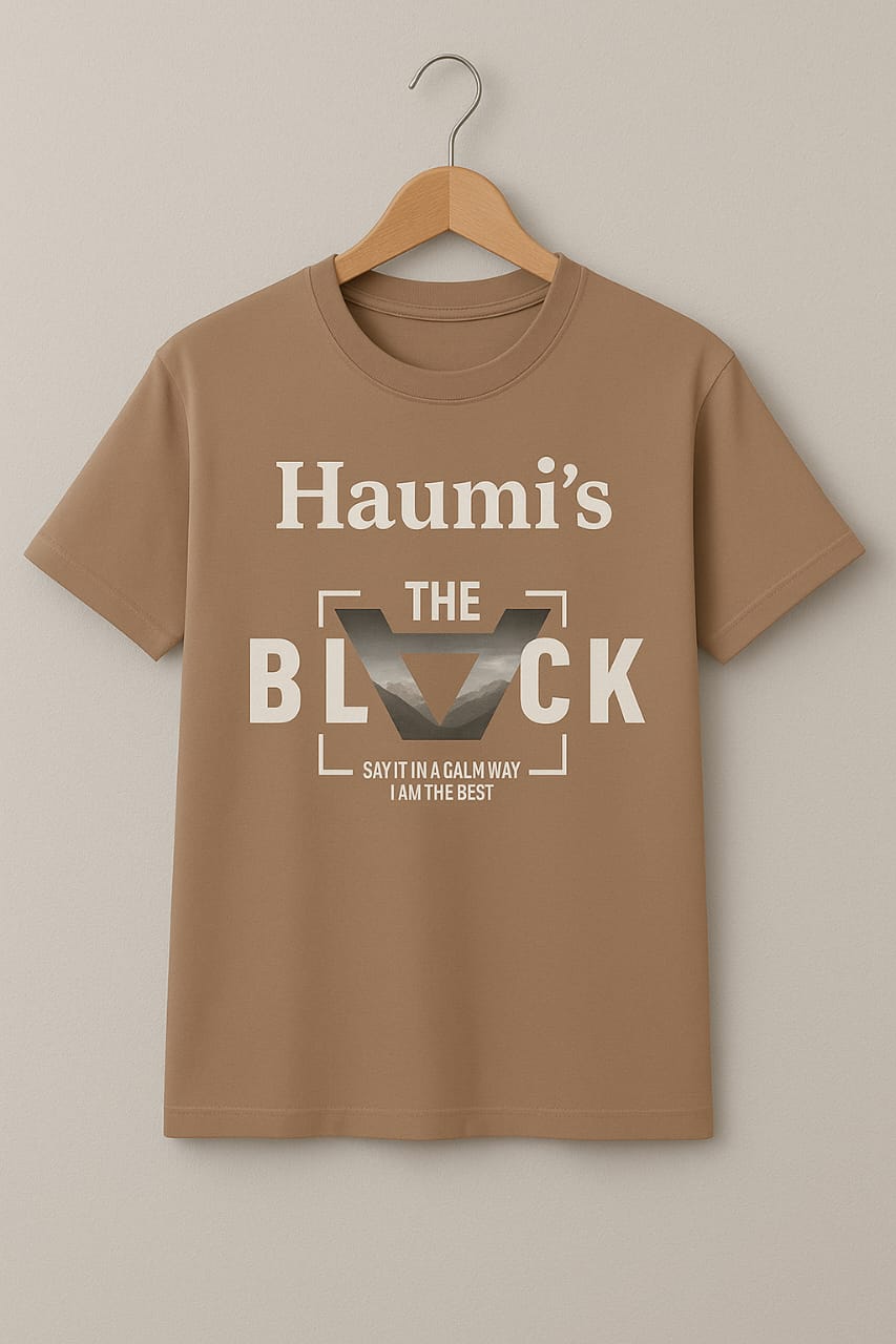 Front view of a brown T-shirt with 'Haumi's THE BLACK' text, from My Store. This stylish tee represents a unique streetwear aesthetic with an uplifting message.