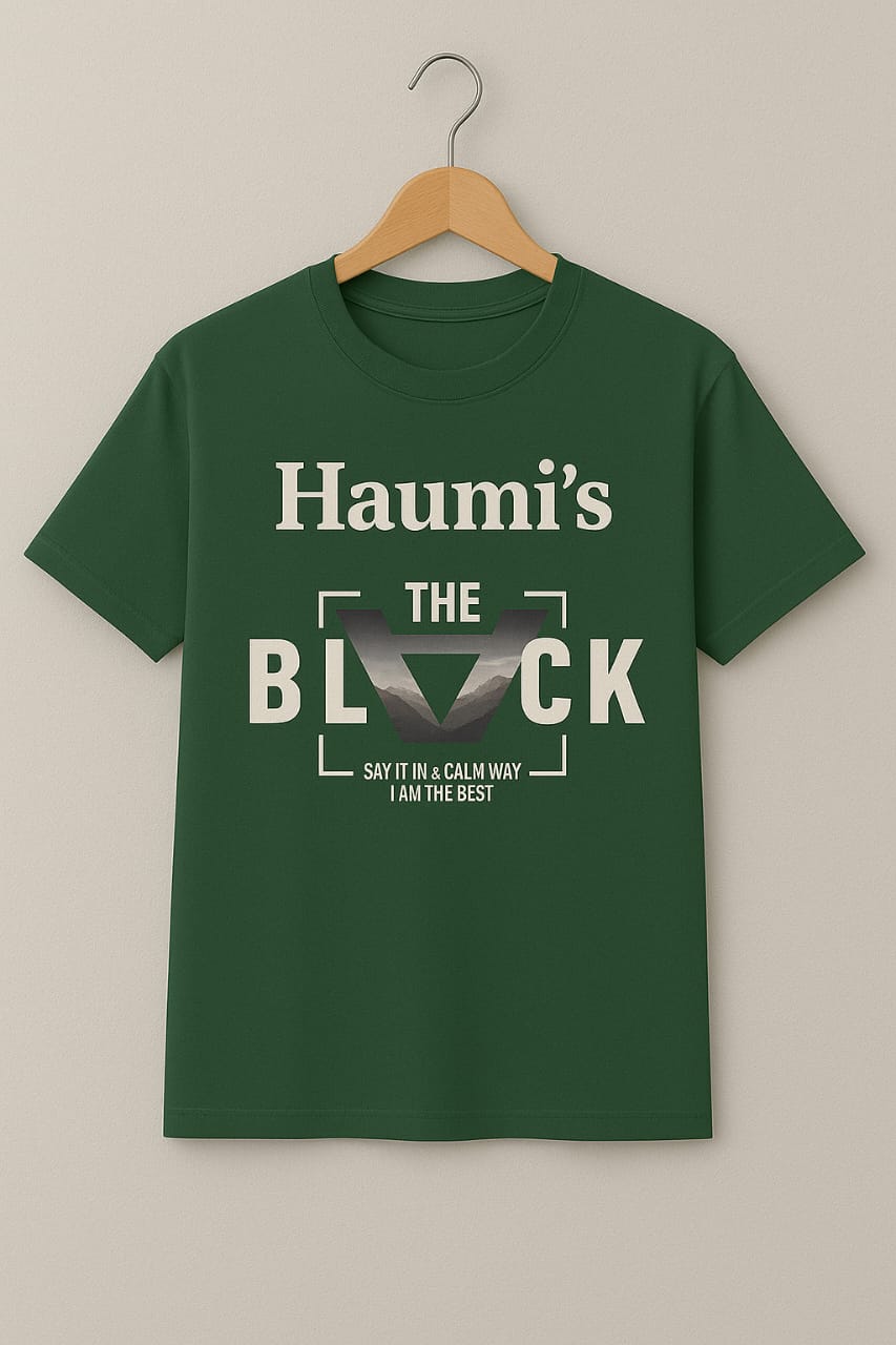 Front view of a green T-shirt featuring 'Haumi's THE BLACK' text, from My Store. A casual yet bold addition to modern streetwear collections.