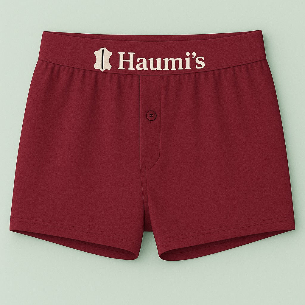 Stylish maroon underwear made by HAUMIS with a prominent 'Haumi's' branding on the waistband.