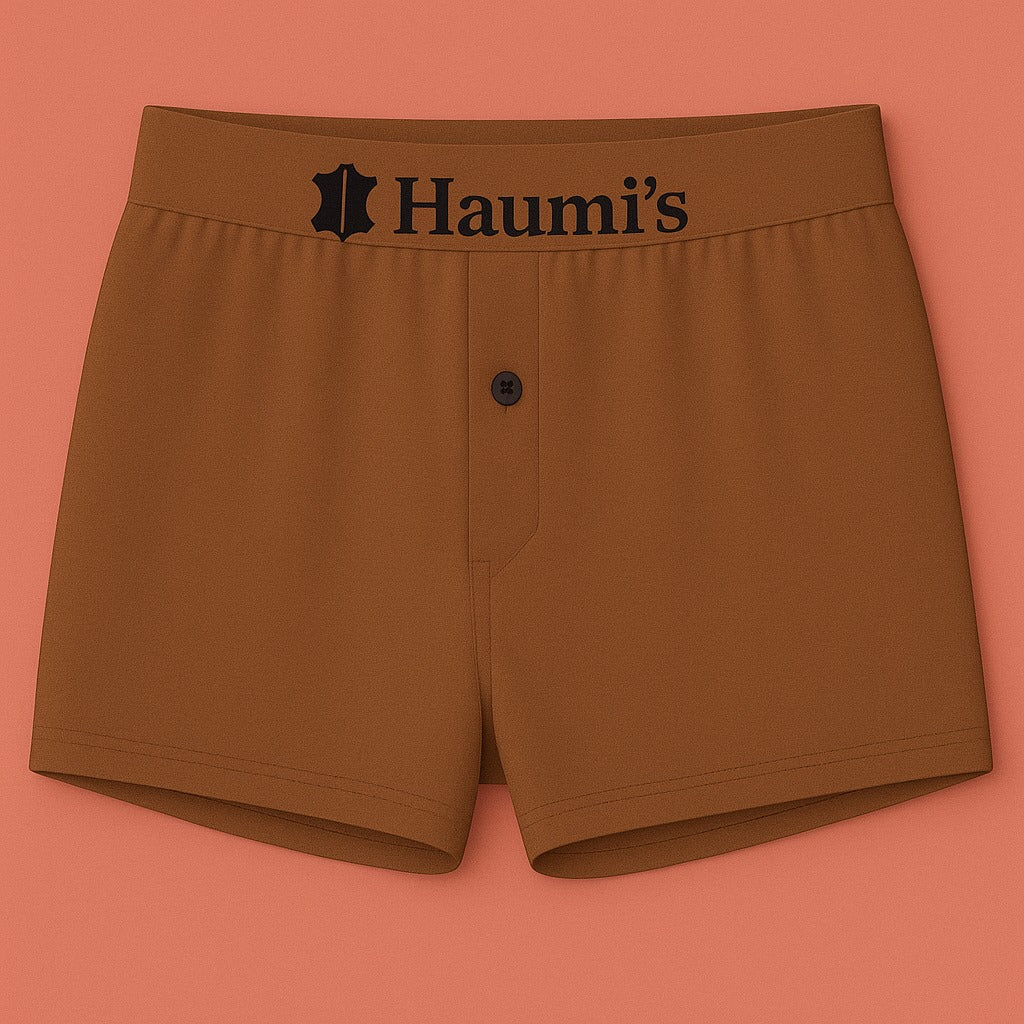 Comfy brown underwear by HAUMIS featuring a bold 'Haumi's' logo on the waistband.