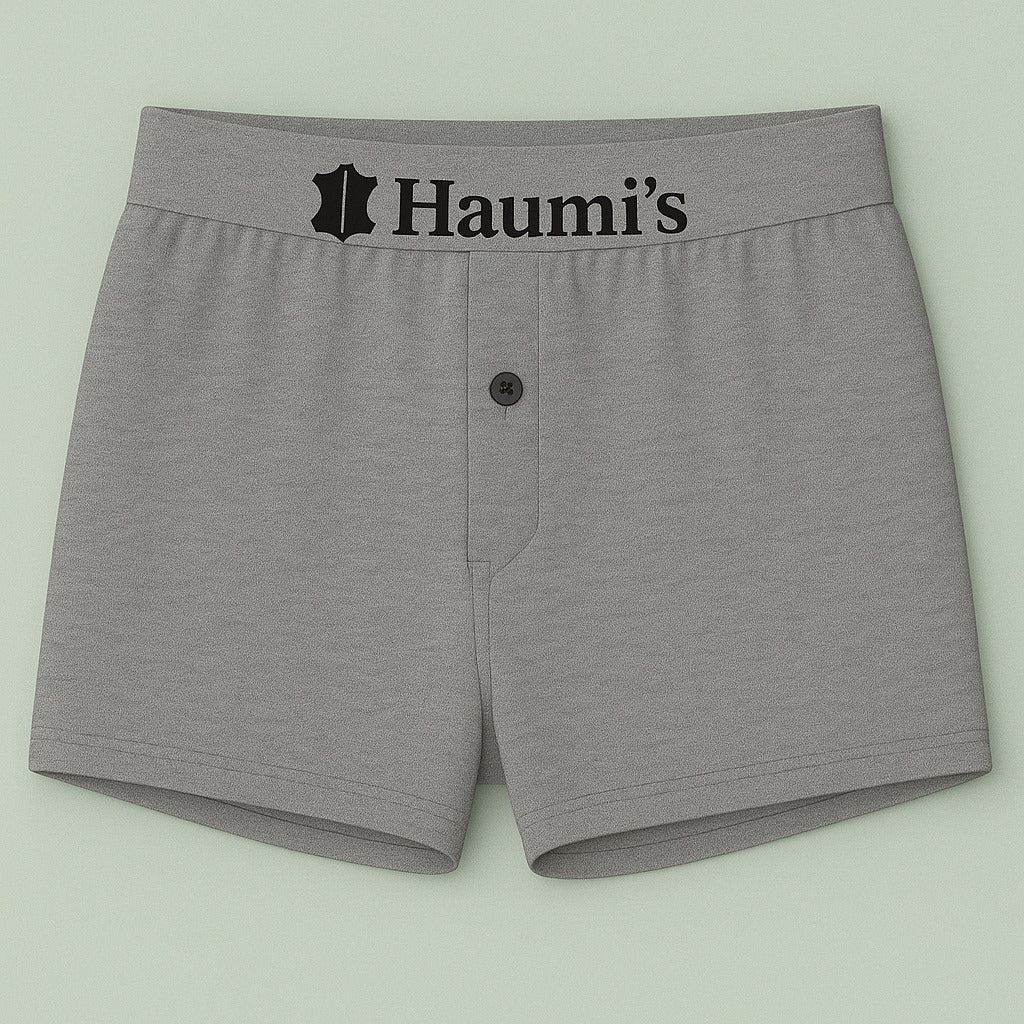 Chic grey underwear by HAUMIS featuring a sleek 'Haumi's' logo on the elastic waistband.